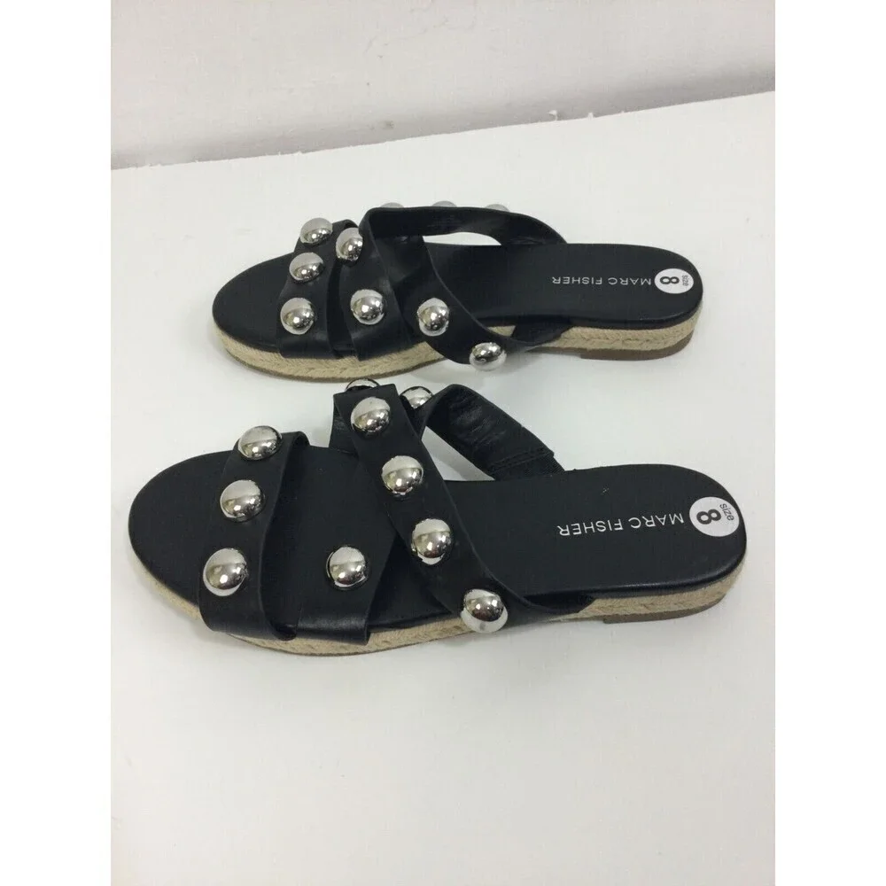 Marc Fisher Prisca Espadrille Silver Studded Slip On Slides Sandals Black Size 8